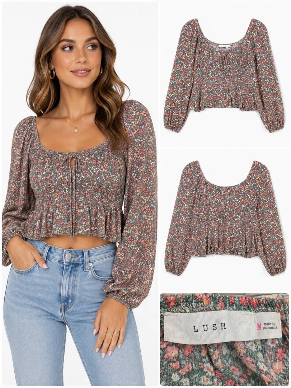 Lush Floral Peasant Crop Blouse M Green Coral